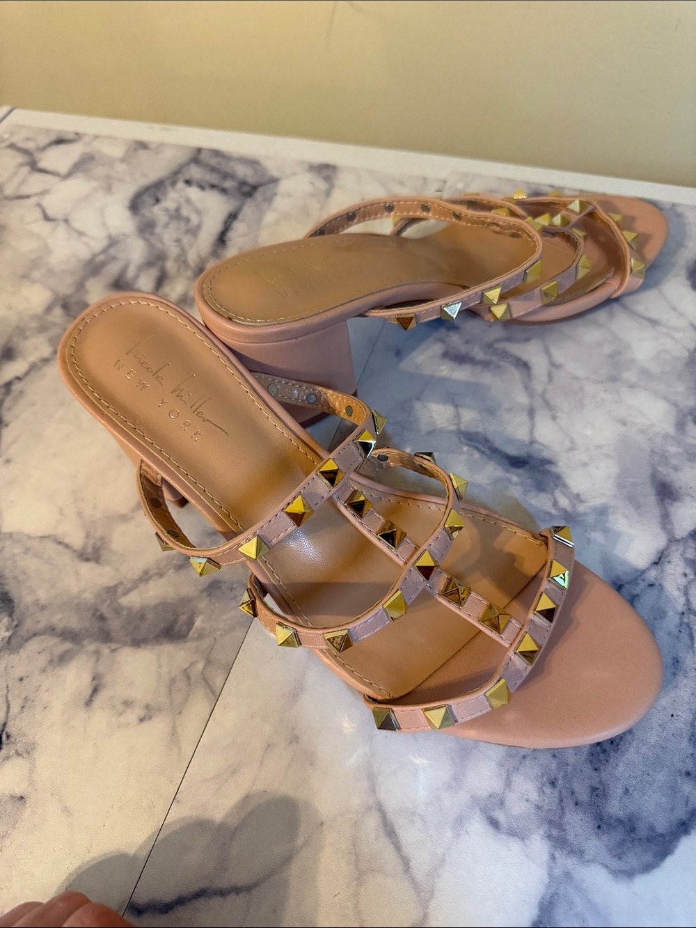Nicole Miller Blush Pink Pyramid-Stud Block Heel Sandals
